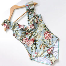 Load image into Gallery viewer, PLAVKY 2019 Sexy Female Retro V Neck Blue Striped Swimsuit One Piece Ruffled Push Up Padded High Waist Swimwear Women Monokini