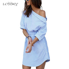 Load image into Gallery viewer, Summer Women Dress Blue Striped Shirt Short Dress Mini Sexy Side Split Half Sleeve Beach Dresses 2019 Plus Size Sundress 3XL