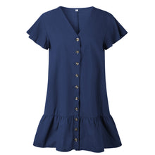 Load image into Gallery viewer, Solid Casual Mini Dress Sexy V-Neck Short Sleeve Ruffle Buttons Women 2018 New Summer Dresses Cotton White Dress Female Vestidos