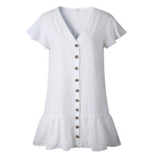 Load image into Gallery viewer, Solid Casual Mini Dress Sexy V-Neck Short Sleeve Ruffle Buttons Women 2018 New Summer Dresses Cotton White Dress Female Vestidos