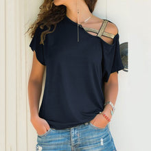 Load image into Gallery viewer, S-5XL Women Skew Neck Irregular Criss Cross Blouse Patchwork Solid Tops Blusa Femme One Shoulder Summer Shirt Hollow Plus Size