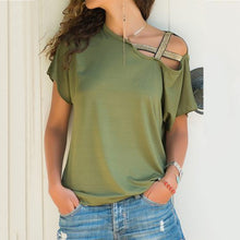 Load image into Gallery viewer, S-5XL Women Skew Neck Irregular Criss Cross Blouse Patchwork Solid Tops Blusa Femme One Shoulder Summer Shirt Hollow Plus Size
