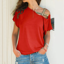 Load image into Gallery viewer, S-5XL Women Skew Neck Irregular Criss Cross Blouse Patchwork Solid Tops Blusa Femme One Shoulder Summer Shirt Hollow Plus Size