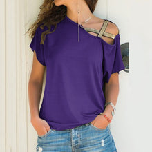 Load image into Gallery viewer, S-5XL Women Skew Neck Irregular Criss Cross Blouse Patchwork Solid Tops Blusa Femme One Shoulder Summer Shirt Hollow Plus Size