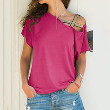 Load image into Gallery viewer, S-5XL Women Skew Neck Irregular Criss Cross Blouse Patchwork Solid Tops Blusa Femme One Shoulder Summer Shirt Hollow Plus Size