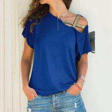 Load image into Gallery viewer, S-5XL Women Skew Neck Irregular Criss Cross Blouse Patchwork Solid Tops Blusa Femme One Shoulder Summer Shirt Hollow Plus Size
