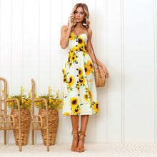 Load image into Gallery viewer, Sexy V Neck Backless Floral Summer Beach sundress dress Women 2019 White Boho Striped Button Sunflower Daisy Party Midi Dresses