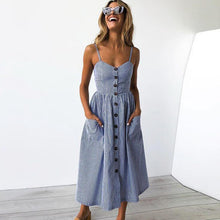 Load image into Gallery viewer, Sexy V Neck Backless Floral Summer Beach sundress dress Women 2019 White Boho Striped Button Sunflower Daisy Party Midi Dresses