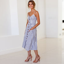 Load image into Gallery viewer, Sexy V Neck Backless Floral Summer Beach sundress dress Women 2019 White Boho Striped Button Sunflower Daisy Party Midi Dresses