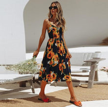 Load image into Gallery viewer, Sexy V Neck Backless Floral Summer Beach sundress dress Women 2019 White Boho Striped Button Sunflower Daisy Party Midi Dresses