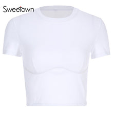 Load image into Gallery viewer, Sweetown White Slim Sexy Cropped T Shirt Streetwear Women Short Sleeve Crewneck Tshirt Basic Vogue Crop Top T-Shirt Womens Tops