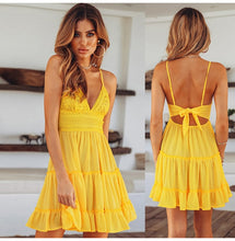 Load image into Gallery viewer, Summer Women Lace Dress Sexy Backless V-neck Beach Dresses 2019 Fashion Sleeveless Spaghetti Strap White Casual Mini Sundress
