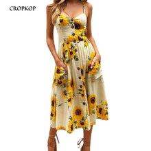 Load image into Gallery viewer, Sexy V Neck Backless Floral Summer Beach sundress dress Women 2019 White Boho Striped Button Sunflower Daisy Party Midi Dresses