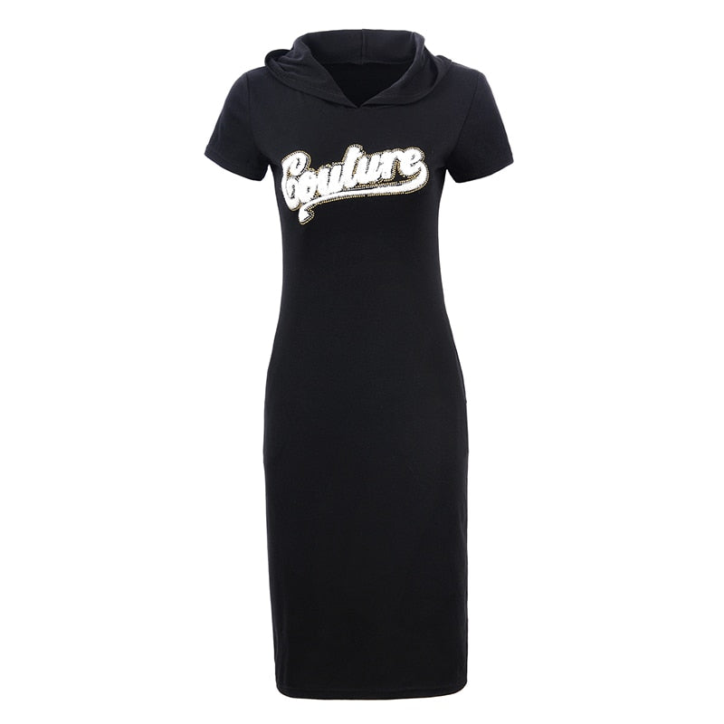 GLO-STORY Women 2018 Casual Short SleeveStreetwear Knitted T-shirt Hooded Dress with Pocket and Letter Embroidered WYQ-1800