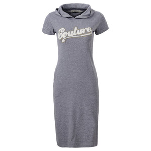 GLO-STORY Women 2018 Casual Short SleeveStreetwear Knitted T-shirt Hooded Dress with Pocket and Letter Embroidered WYQ-1800