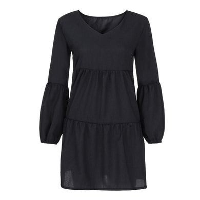 Women v-Neck Mini Regular Draped Tunic Long Sleeve Party Dress