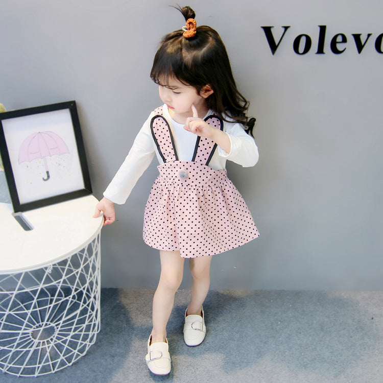 Baby Girls Pinafore Dotted Skirt With Shirt