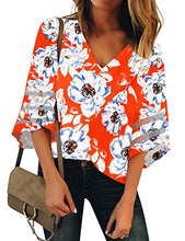 Load image into Gallery viewer, LookbookStore Women&#39;s V Neck Mesh Panel Blouse 3/4 Bell Sleeve Loose Top Shirt Red Orange Floral Printed Size Small at Amazon Womenâs Clothing store: