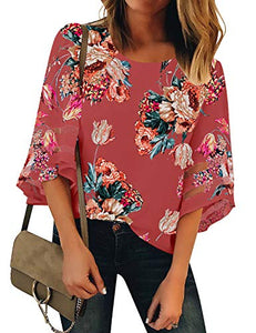 LookbookStore Women's V Neck Mesh Panel Blouse 3/4 Bell Sleeve Loose Top Shirt Red Orange Floral Printed Size Small at Amazon Womenâs Clothing store: