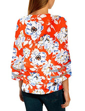 Load image into Gallery viewer, LookbookStore Women&#39;s V Neck Mesh Panel Blouse 3/4 Bell Sleeve Loose Top Shirt Red Orange Floral Printed Size Small at Amazon Womenâs Clothing store: