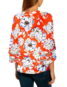 LookbookStore Women's V Neck Mesh Panel Blouse 3/4 Bell Sleeve Loose Top Shirt Red Orange Floral Printed Size Small at Amazon Womenâs Clothing store: