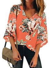 Load image into Gallery viewer, LookbookStore Women&#39;s V Neck Mesh Panel Blouse 3/4 Bell Sleeve Loose Top Shirt Red Orange Floral Printed Size Small at Amazon Womenâs Clothing store: