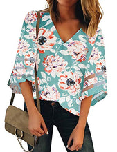 Load image into Gallery viewer, LookbookStore Women&#39;s V Neck Mesh Panel Blouse 3/4 Bell Sleeve Loose Top Shirt Red Orange Floral Printed Size Small at Amazon Womenâs Clothing store: