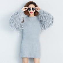Load image into Gallery viewer, [TWOTWINSTYLE] 2017 Autumn Winter Fur Spliced Long Sleeves Knitted Sweaters Dress Women New Fashion Clothing Pullovers Gray