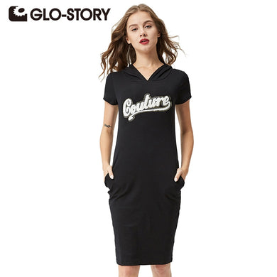 GLO-STORY Women 2018 Casual Short SleeveStreetwear Knitted T-shirt Hooded Dress with Pocket and Letter Embroidered WYQ-1800