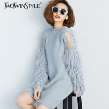 Load image into Gallery viewer, [TWOTWINSTYLE] 2017 Autumn Winter Fur Spliced Long Sleeves Knitted Sweaters Dress Women New Fashion Clothing Pullovers Gray