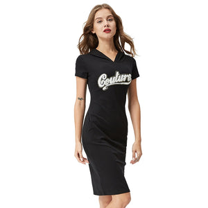 GLO-STORY Women 2018 Casual Short SleeveStreetwear Knitted T-shirt Hooded Dress with Pocket and Letter Embroidered WYQ-1800