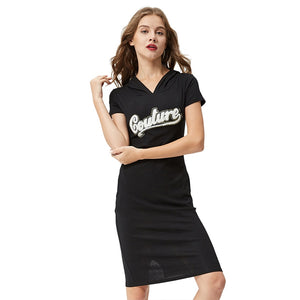 GLO-STORY Women 2018 Casual Short SleeveStreetwear Knitted T-shirt Hooded Dress with Pocket and Letter Embroidered WYQ-1800