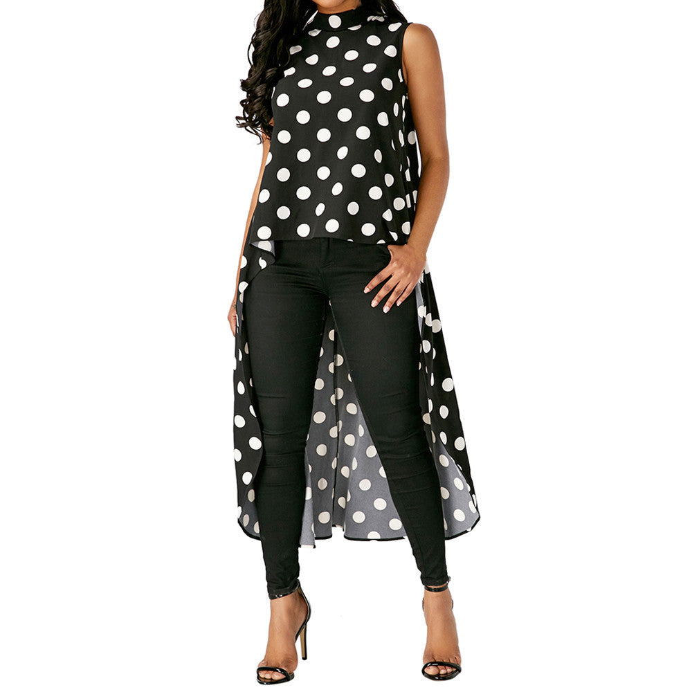Women Long Length Sexy Club Chiffon Sleeveless Polka Dot Pattern O-Neck Regular Blouse Tops