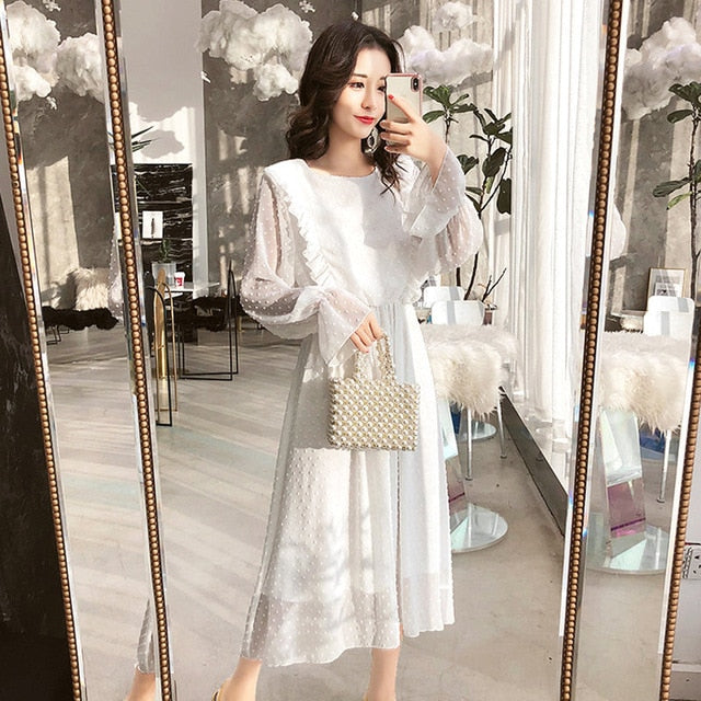 BGTEEVER Ruffles Polka Dot Women Chiffon Dress Elastic Waist Flare Sleeve Female Long Vestidos A-line White Dress 2019