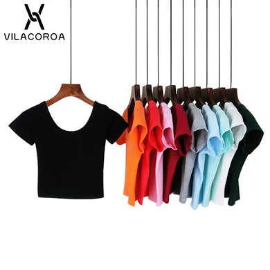 VILACOROA Best Sell U neck Sexy Crop Top Ladies Short Sleeve T Shirt Tee Short T-shirt Basic Stretch T-shirts Women Harajuku