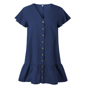 Solid Casual Mini Dress Sexy V-Neck Short Sleeve Ruffle Buttons Women 2018 New Summer Dresses Cotton White Dress Female Vestidos