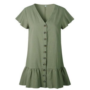 Solid Casual Mini Dress Sexy V-Neck Short Sleeve Ruffle Buttons Women 2018 New Summer Dresses Cotton White Dress Female Vestidos