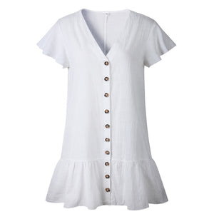 Solid Casual Mini Dress Sexy V-Neck Short Sleeve Ruffle Buttons Women 2018 New Summer Dresses Cotton White Dress Female Vestidos