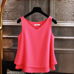 2019 Fashion Brand Women's blouse Summer sleeveless Chiffon shirt Solid  V-neck Casual blouse Plus Size 5XL Loose Female Top