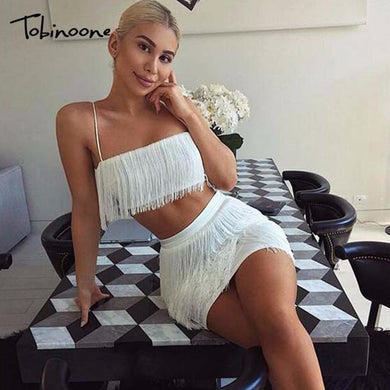 Tobinoone 2018 New Women Summer Tassel Dress Elegant Club Party Dress Sexy Off Shoulder Tassel Embellished Mini Fringe Dress