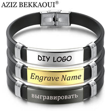 Load image into Gallery viewer, AZIZ BEKKAOUI Silicone Engrave Name Leather Bracelet for Men DIY Black Stainless Steel Bracelets Fashion Jewelry Dropshipping