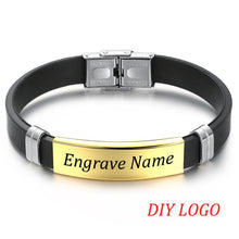 Load image into Gallery viewer, AZIZ BEKKAOUI Silicone Engrave Name Leather Bracelet for Men DIY Black Stainless Steel Bracelets Fashion Jewelry Dropshipping