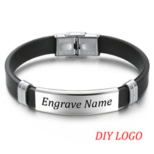 Load image into Gallery viewer, AZIZ BEKKAOUI Silicone Engrave Name Leather Bracelet for Men DIY Black Stainless Steel Bracelets Fashion Jewelry Dropshipping