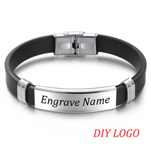 AZIZ BEKKAOUI Silicone Engrave Name Leather Bracelet for Men DIY Black Stainless Steel Bracelets Fashion Jewelry Dropshipping