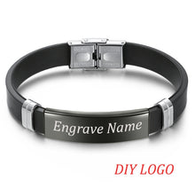 Load image into Gallery viewer, AZIZ BEKKAOUI Silicone Engrave Name Leather Bracelet for Men DIY Black Stainless Steel Bracelets Fashion Jewelry Dropshipping