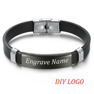 AZIZ BEKKAOUI Silicone Engrave Name Leather Bracelet for Men DIY Black Stainless Steel Bracelets Fashion Jewelry Dropshipping