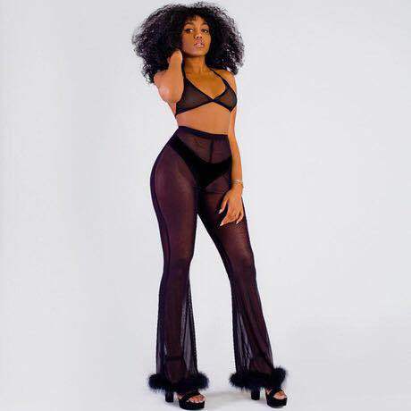 Mesh Capris Sexy New Mesh Trousers High Waist Slim Perspective Orange Fluffy Flare Pants Holiday Streetwear Pantalon Women Pant