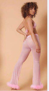 Mesh Capris Sexy New Mesh Trousers High Waist Slim Perspective Orange Fluffy Flare Pants Holiday Streetwear Pantalon Women Pant