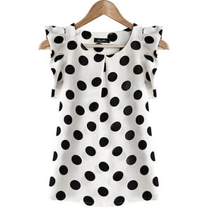 Fashion  Girl Dots Blouse Women Casual Chiffon Shirt Sleeveless Ruffle Sleeve Shirt Summer Tops Black White