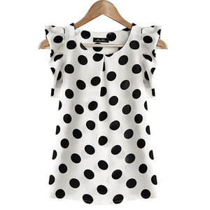 Fashion  Girl Dots Blouse Women Casual Chiffon Shirt Sleeveless Ruffle Sleeve Shirt Summer Tops Black White